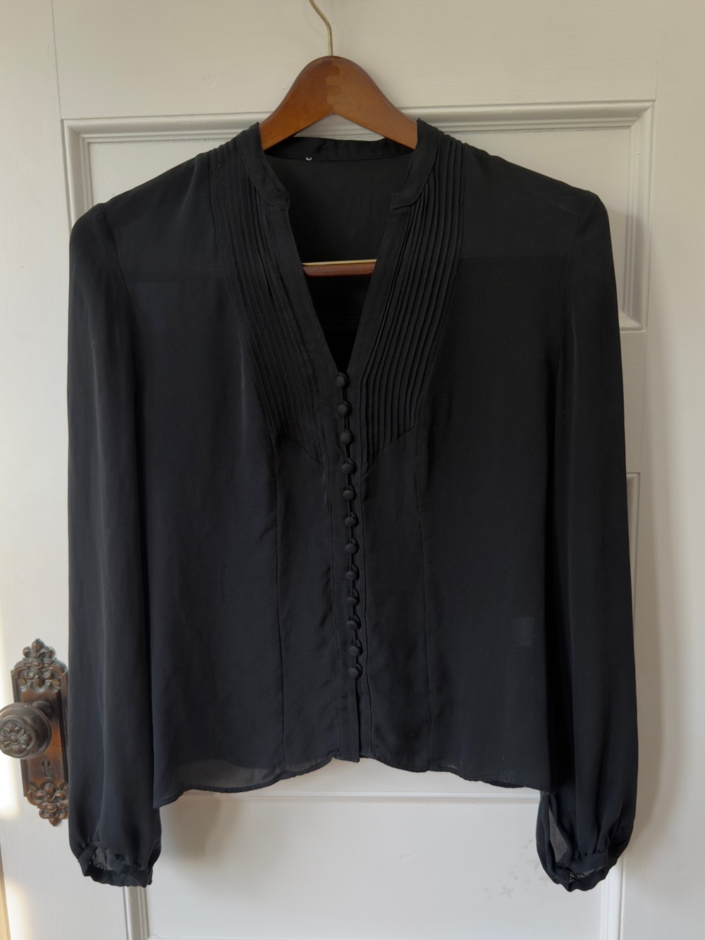 Black Pure Silk Blouse Pleated Front Button Up Bishop Sleeves Size Medium - Picture 6 of 7